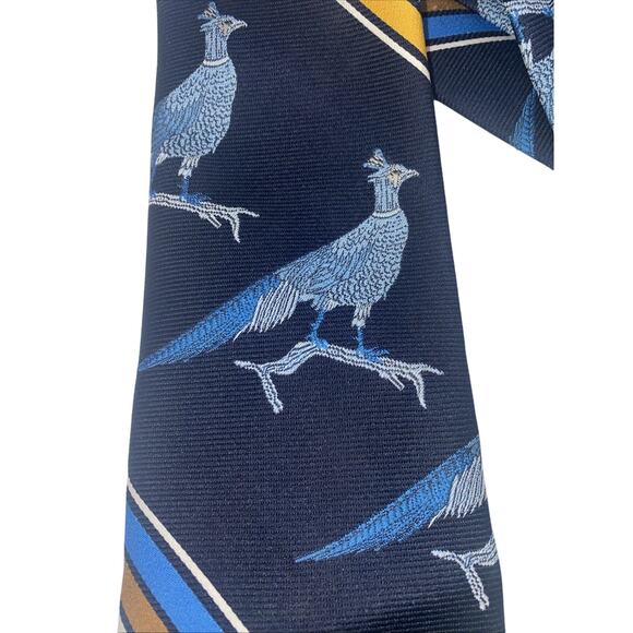 Jack Robbins Mens Necktie Pheasants Vintage 70s Blue & Gold Stripes 58” X 4.25” - Picture 4 of 4